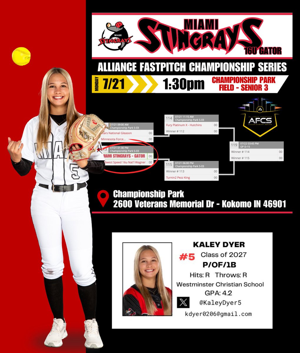 Kaley Dyer (@kaleydyer5) on Twitter photo Heading to Indy for Alliance Nationals, hope to see you all there! <a href="/thealliancefp/">The Alliance Fastpitch</a> <a href="/CoachBee9/">Mike Larabee</a> <a href="/CoachBallMalone/">Cindy Ball-Malone</a> <a href="/LindsayFico/">Lindsay Fico</a> <a href="/CorbinWeeks/">Corbin Weeks</a> <a href="/TCam_FSUSB/">Troy Cameron</a> <a href="/TaranAlvelo14/">Taran Alvelo</a> <a href="/christine_roser/">Christine Roser</a> <a href="/CoachCuz3/">Shellie Cousins</a> <a href="/LegacyLegendsS1/">Legacy & Legends Softball</a> <a href="/ExtraInningSB/">EXTRA INNING SOFTBALL</a> <a href="/SBRRetweets/">Softball Recruiting Reposts</a> @coachCat10 <a href="/MiamiSoftball/">Miami Stingrays Softball</a> Heading to Indy for Alliance Nationals, hope to see you all there! <a href="/thealliancefp/">The Alliance Fastpitch</a> <a href="/CoachBee9/">Mike Larabee</a> <a href="/CoachBallMalone/">Cindy Ball-Malone</a> <a href="/LindsayFico/">Lindsay Fico</a> <a href="/CorbinWeeks/">Corbin Weeks</a> <a href="/TCam_FSUSB/">Troy Cameron</a> <a href="/TaranAlvelo14/">Taran Alvelo</a> <a href="/christine_roser/">Christine Roser</a> <a href="/CoachCuz3/">Shellie Cousins</a> <a href="/LegacyLegendsS1/">Legacy & Legends Softball</a> <a href="/ExtraInningSB/">EXTRA INNING SOFTBALL</a> <a href="/SBRRetweets/">Softball Recruiting Reposts</a> @coachCat10 <a href="/MiamiSoftball/">Miami Stingrays Softball</a>