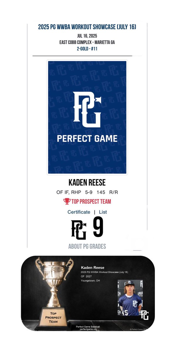 Kaden Reese c/o 2027 (@kadenreesecf) on Twitter photo Blessed to have received my second 9 grade by <a href="/PerfectGameUSA/">Perfect Game USA</a> & to be named by <a href="/PGShowcases/">PG Showcases</a> to the #TopProspectTeam at the #WWBAworkout <a href="/PG_OhioValley/">Perfect Game Ohio Valley</a> <a href="/PG_Uncommitted/">PG_Uncommitted</a> <a href="/PG_Scouting/">Perfect Game Scout</a> <a href="/gsabers/">Greg Sabers</a> <a href="/9ersBaseball/">9ers Baseball Club</a> <a href="/CMHS_Baseball_/">CMHS Baseball</a> Blessed to have received my second 9 grade by <a href="/PerfectGameUSA/">Perfect Game USA</a> & to be named by <a href="/PGShowcases/">PG Showcases</a> to the #TopProspectTeam at the #WWBAworkout <a href="/PG_OhioValley/">Perfect Game Ohio Valley</a> <a href="/PG_Uncommitted/">PG_Uncommitted</a> <a href="/PG_Scouting/">Perfect Game Scout</a> <a href="/gsabers/">Greg Sabers</a> <a href="/9ersBaseball/">9ers Baseball Club</a> <a href="/CMHS_Baseball_/">CMHS Baseball</a>