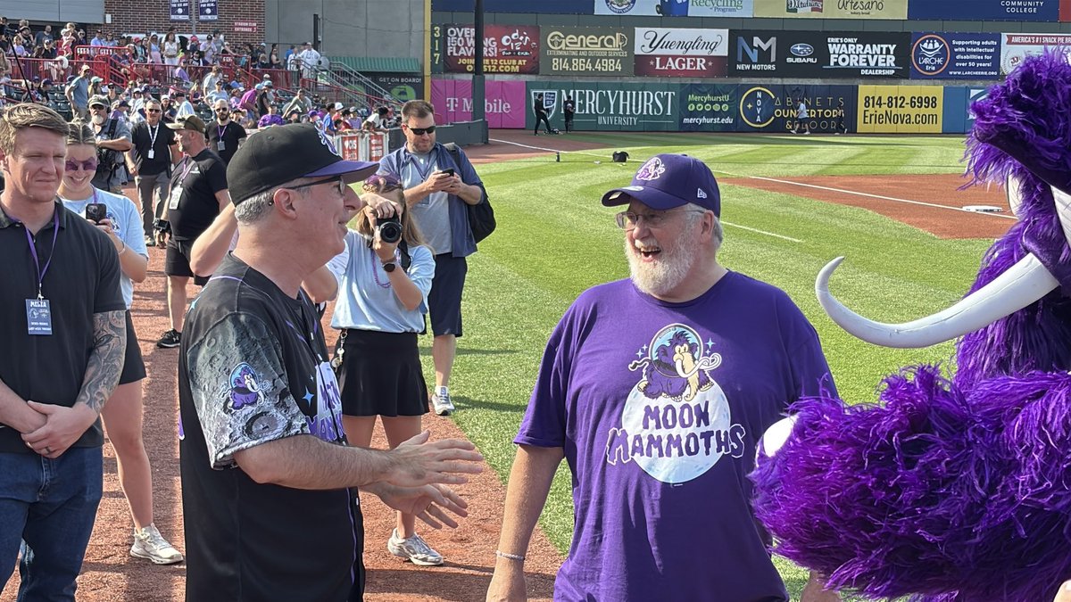 John Oliver and George Moon — the duo behind the Erie Moon Mammoths — chat pregame at UPMC Park