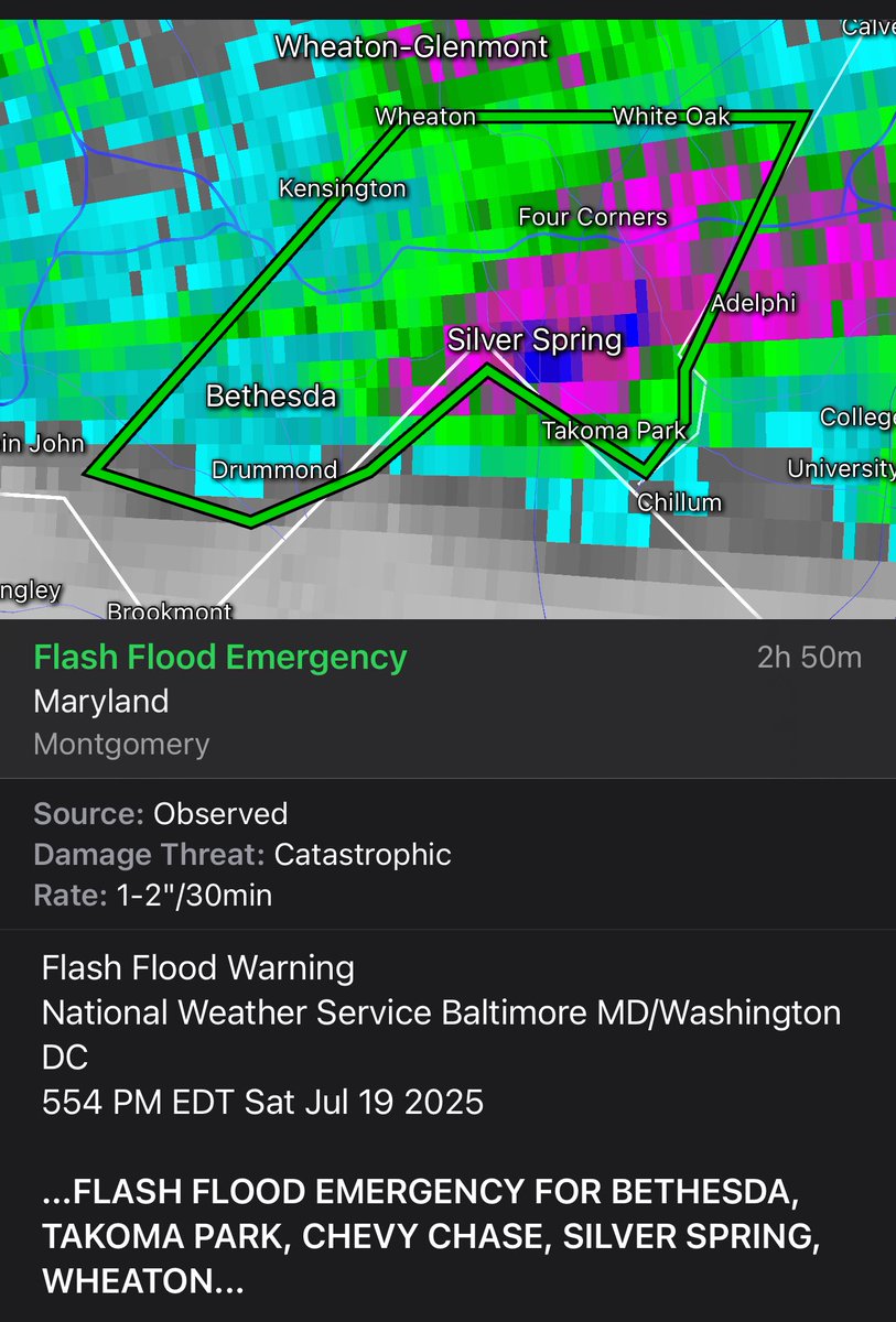 MikeTFox5's tweet image. Rare FLASH FLOOD EMERGENCY issued for the Silver Spring area around Montgomery County where radar estimates more than 4.5” of rain has fallen. Avoid this area until the storm passes for safety as travel is likely to be treacherous and dangerous! ⛈️