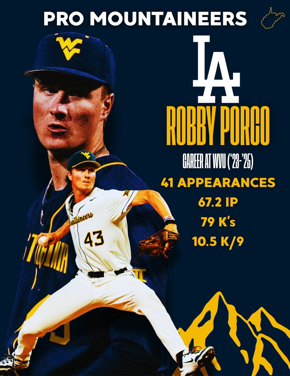 WVUBBAnalytics's tweet image. The @Dodgers picked up a three-year Mountaineer in round 13. Check out Robby Porco’s career numbers at WVU!(not pictured: 99 mph heaters 🔥)