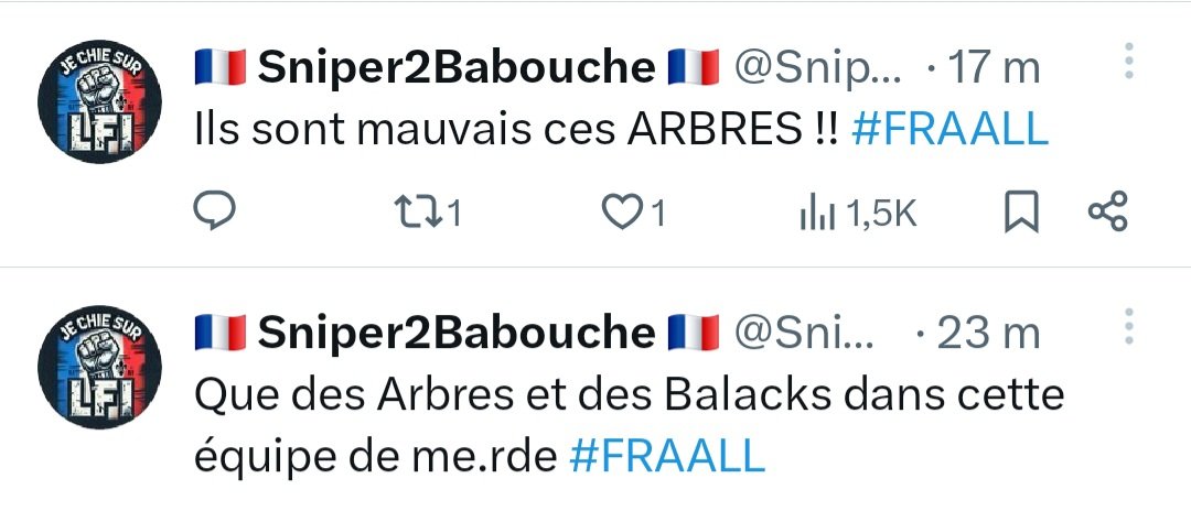 Le Coq 🐓 aux 2 Étoiles ⭐️⭐️ (@lecoq2etoilesfr) on Twitter photo Compte <a href="/XFrance/">X France</a> à signaler pour discours haineux et appel à la haine avec le #FRAALL ! Merci aux personnes qui le feront ! #XFrance #SosRacisme <a href="/sosRacisme_13/">SOS Racisme Marseille</a> <a href="/sosracisme33/">SOS Racisme Gironde</a> <a href="/SOSRacAm/">SOS Racisme Amiens-Picardie</a> <a href="/SOSRacismeBN/">SOS Racisme Basse-Normandie</a> ! Je compte sur vous ! 👌💪... Compte <a href="/XFrance/">X France</a> à signaler pour discours haineux et appel à la haine avec le #FRAALL ! Merci aux personnes qui le feront ! #XFrance #SosRacisme <a href="/sosRacisme_13/">SOS Racisme Marseille</a> <a href="/sosracisme33/">SOS Racisme Gironde</a> <a href="/SOSRacAm/">SOS Racisme Amiens-Picardie</a> <a href="/SOSRacismeBN/">SOS Racisme Basse-Normandie</a> ! Je compte sur vous ! 👌💪...