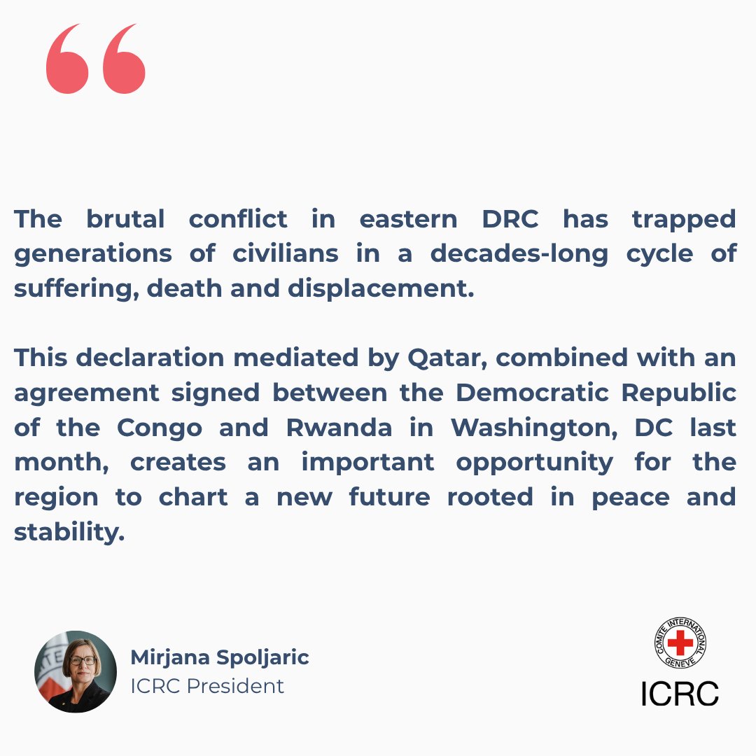 ICRC's tweet image. 📍 DRC
We stand ready to help facilitate the release of people detained in relation to the conflict under a declaration agreed between the Democratic Republic of the Congo (DRC) and the Congo River Alliance/M23 Movement (AFC/M23).
News release ▶️ ms.spr.ly/6011s8lLX