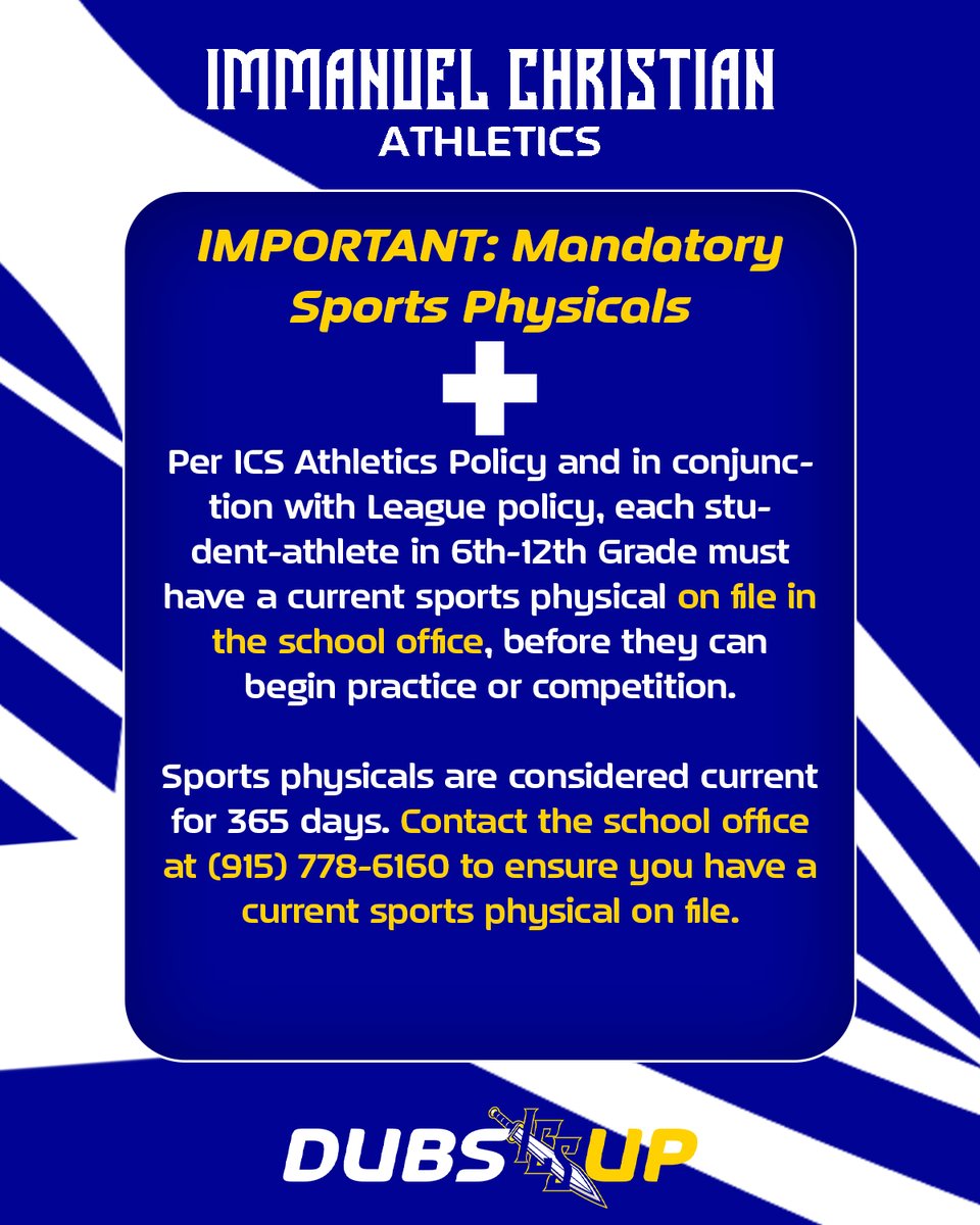 ICS_AthleticsEP's tweet image. IMPORTANT ANNOUNCEMENT 🚨

Make sure you have a current physical in the school office for all 6th-12th grade Student-Athletes! Check with the school office at (915) 778-6160!

Download a physical form here: icsathletics.org/documents/2024…

…or by going to icsathletics.org &amp;gt; MORE…