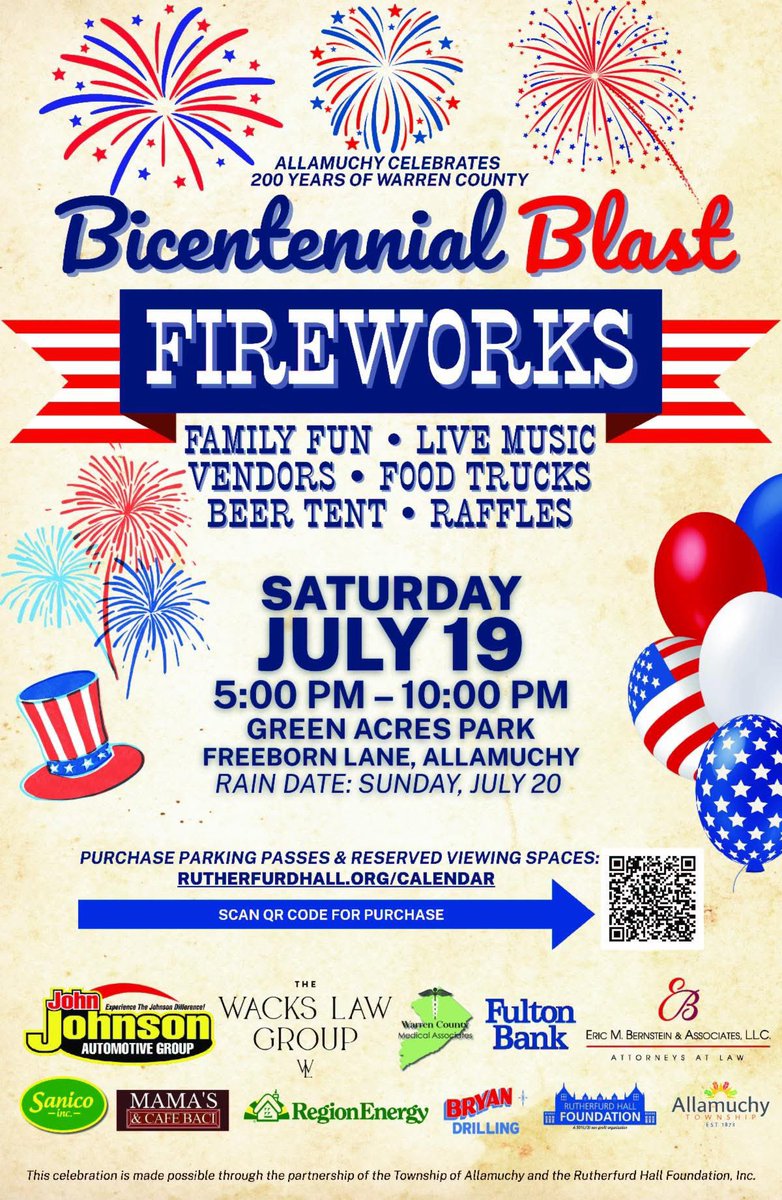 MikeInganamort's tweet image. Tonight Allamuchy proudly celebrates Warren County’s Bicentennial. Don’t let a light drizzle discourage you, come on down to Green Acres Park for a great firework show tonight!