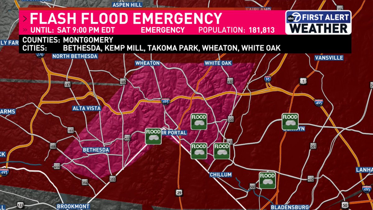 jordanevanswx's tweet image. Flash Flood Emergency continues for parts of Montgomery County including Bethesda, Takoma Park and Silver Spring. Silgo Creek rose quickly and has submerged roads in the area. Seek higher ground and avoid flooded roads. @7NewsDC
