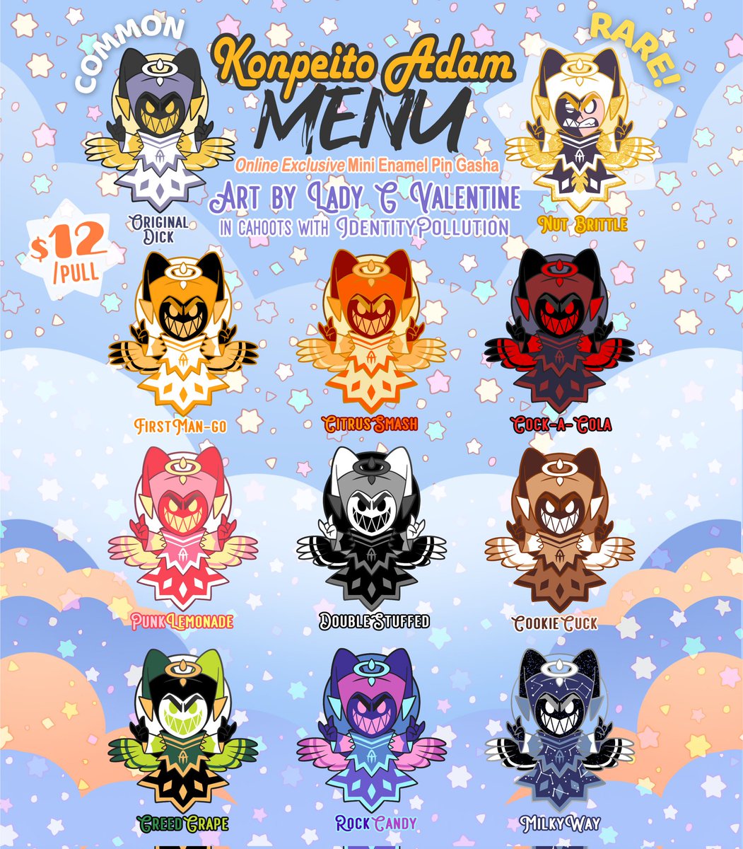 IDPollution's tweet image. ⚡️Dropping tomorrow, 5pm et!⚡️
Now unveiling the Konpeito Adam menu! Pin art by @ladygvalentine brought to you with assistance by IdentityPollution (please admire the pretty menu)!
These are in hands NOT open po, so be ready! 🙌
#hazbinhotel #hazbinhoteladam