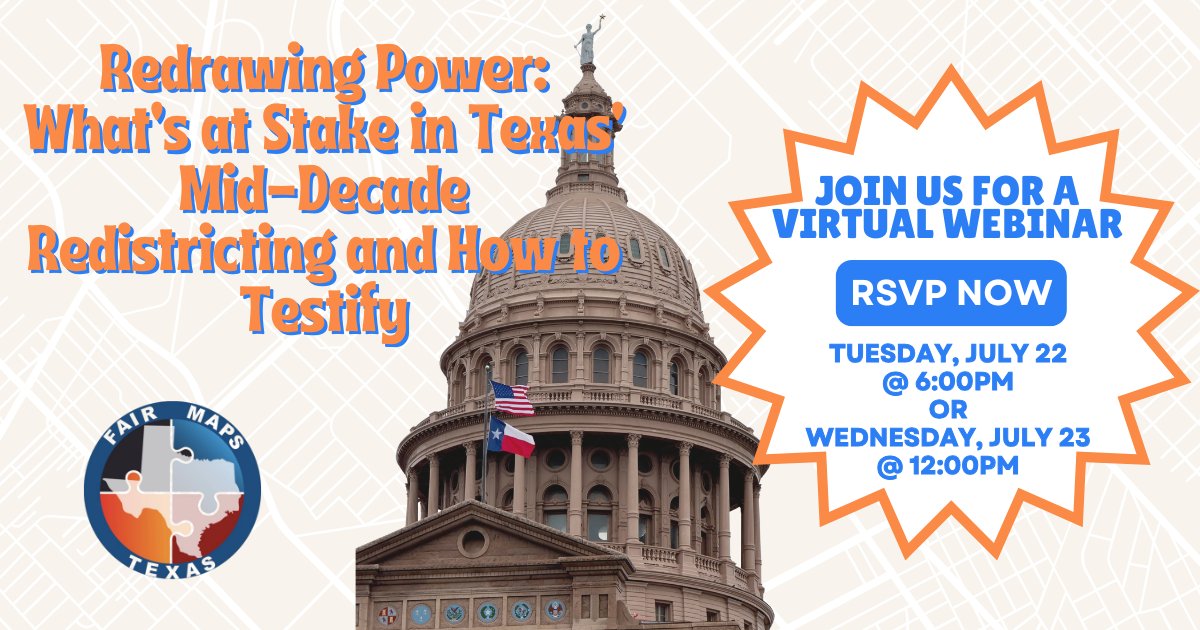 CCauseTexas's tweet image. ‼️URGENT‼️ Special session starts THIS Monday & instead of focusing on urgent community needs like flood recovery, Gov. Abbott is prioritizing mid-decade redistricting.
Join us for a critical webinar to unpack what’s happening & how we can take action!
bit.ly/fairmapstx