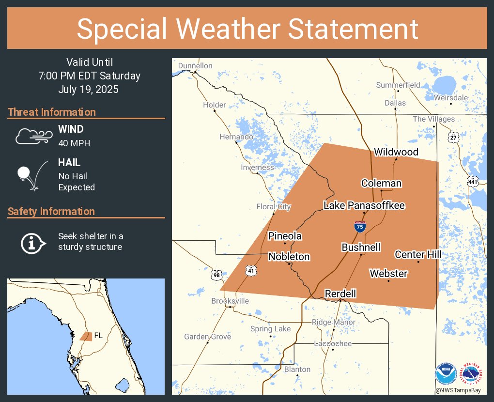 NWSTampaBay's tweet image. A special weather statement has been issued for Wildwood FL, Lake Panasoffkee FL and Bushnell FL until 7:00 PM EDT
