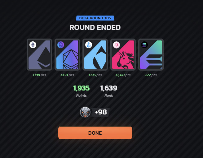 Guys, totally forgot to share my results from yesterday’s <a href="/infinex/">Infinex</a>  round!
Rank 1639 and+98 $BULL - for me that’s a solid score! 

Would’ve been even more if I didn’t forget to lock my cards… and if instead of $SOL I had that cursed $PEPE . But well, it is what it is - next