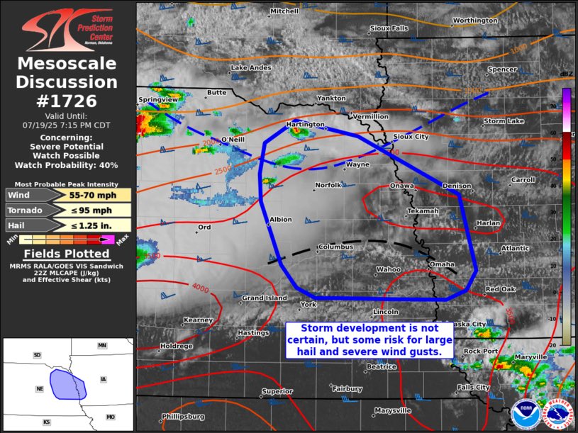 ChicagoMWeather's tweet image. Concerning...Severe potential...Watch possible
Valid 192218Z - 200015Z
Probability of Watch Issuance...40 percent
SUMMARY...Should storms develop, large hail and severe winds would
be possible. Convective trends will continue to be monitored, but a
watch is not…