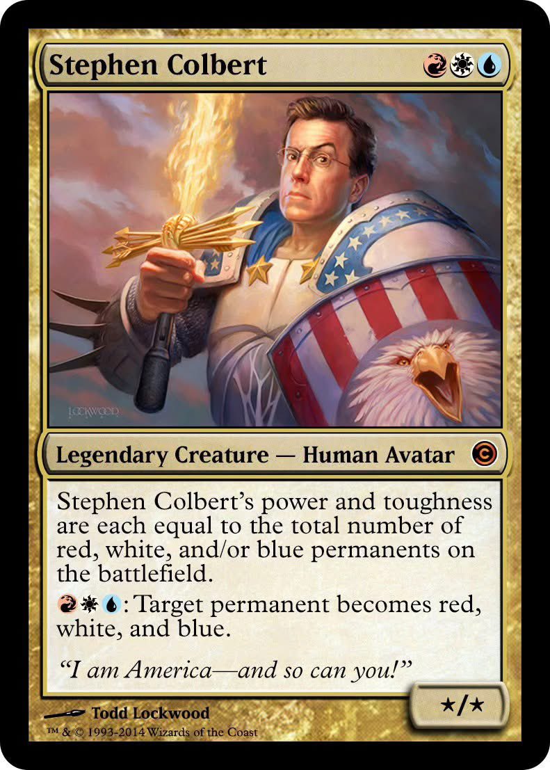 David_Leavitt's tweet image. Todd Lockwood posted this Stephen Colbert Magic: The Gathering card