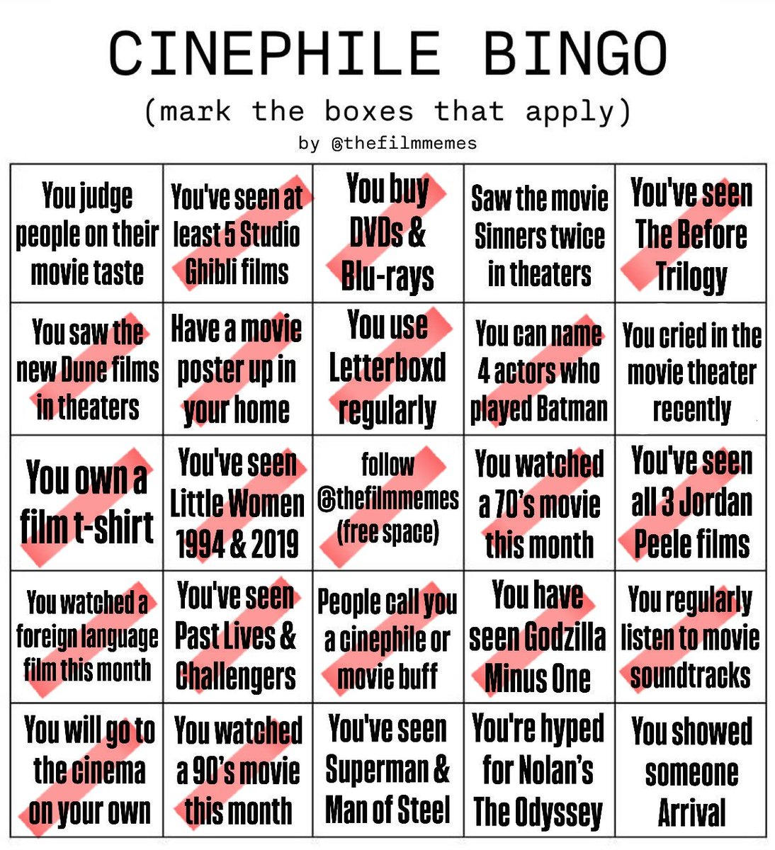 A true cinephile wouldn't judge others tastes!

I haven't seen Sinners at all 😭

I may have gotten teary eyed, but not cried.

I'm assuming they mean the new Superman.

Nolan is overrated 🤷🏻‍♂️

I wasn't impressed with Arrival, so wouldn't show someone else.