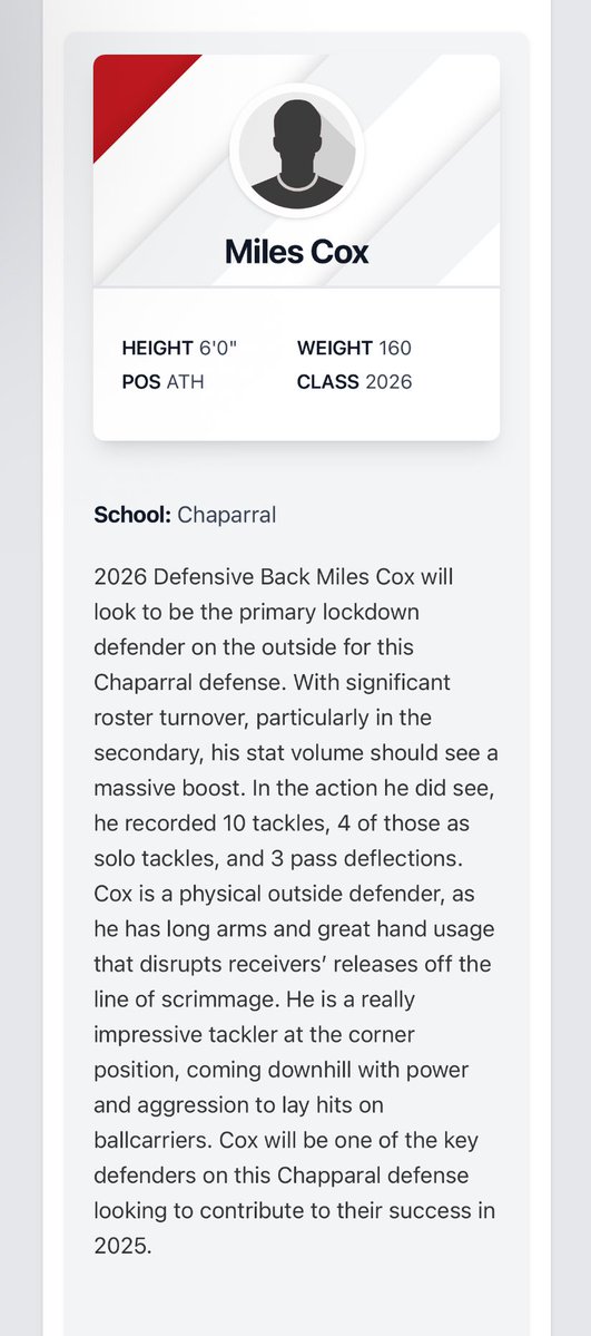 Milescox (@milesacox28) on Twitter photo Thank you <a href="/HoganMiller3/">Hogan Miller</a> for the scouting write up. Can’t wait to show Arizona what Chap is all about this season! <a href="/ChapfootballAZ/">Chaparral Football</a> <a href="/Trace_Carroll/">COACH TRACE CARROLL</a> <a href="/JUSTCHILLY/">Just Chilly</a> <a href="/CoachRodBrown/">Rodney Brown</a> <a href="/CoachColletto/">Coach Colletto</a> <a href="/CSAPrepStar/">PREPSTAR</a> <a href="/PrepRedzone/">Prep Redzone 🏈</a> Thank you <a href="/HoganMiller3/">Hogan Miller</a> for the scouting write up. Can’t wait to show Arizona what Chap is all about this season! <a href="/ChapfootballAZ/">Chaparral Football</a> <a href="/Trace_Carroll/">COACH TRACE CARROLL</a> <a href="/JUSTCHILLY/">Just Chilly</a> <a href="/CoachRodBrown/">Rodney Brown</a> <a href="/CoachColletto/">Coach Colletto</a> <a href="/CSAPrepStar/">PREPSTAR</a> <a href="/PrepRedzone/">Prep Redzone 🏈</a>