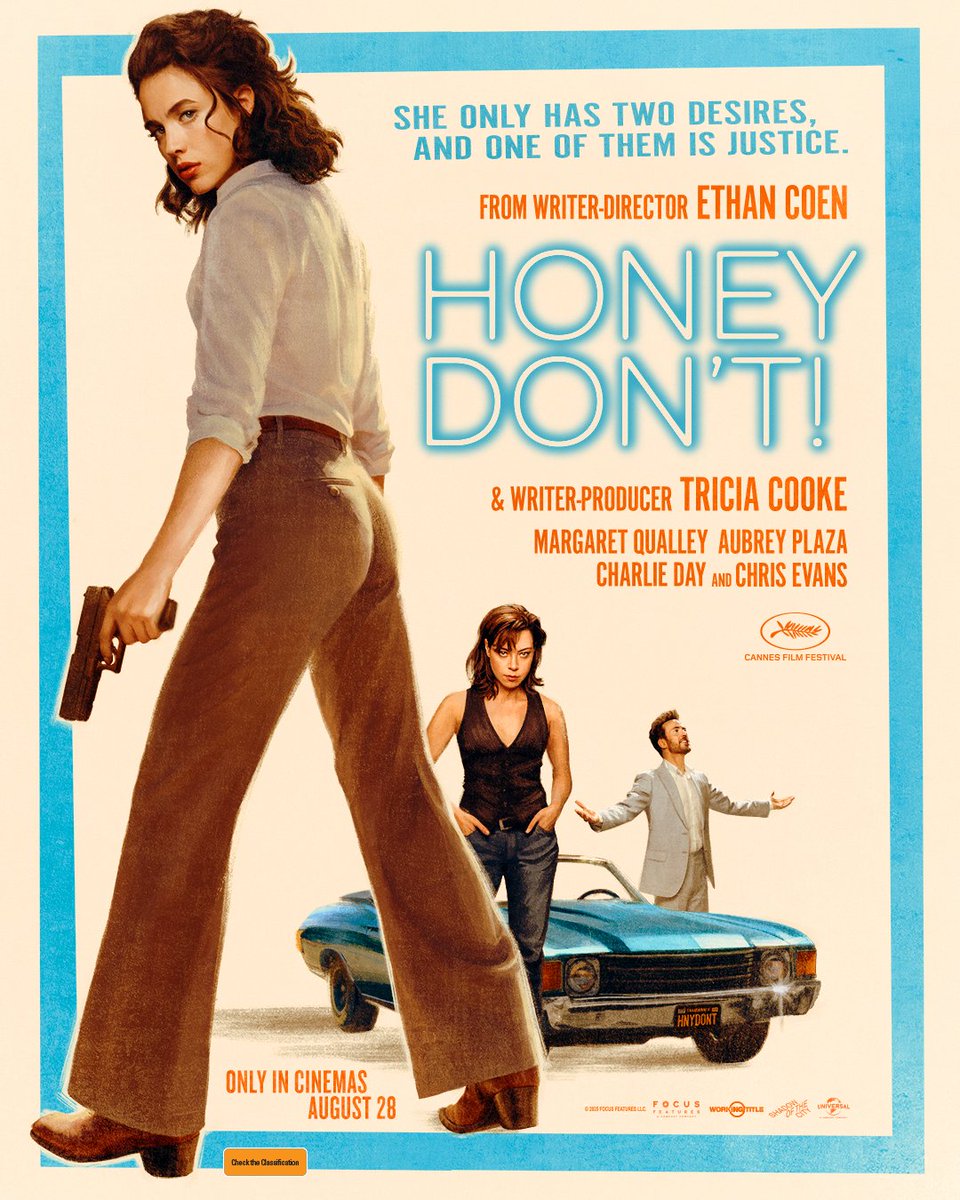 DendyCinemas's tweet image. She only has two desires, and one of them is justice. Ethan Coen’s HONEY DON’T! starring Margaret Qualley, Aubrey Plaza, Charlie Day, and Chris Evans. Coming to Dendy Cinemas August 28.
#HoneyDont