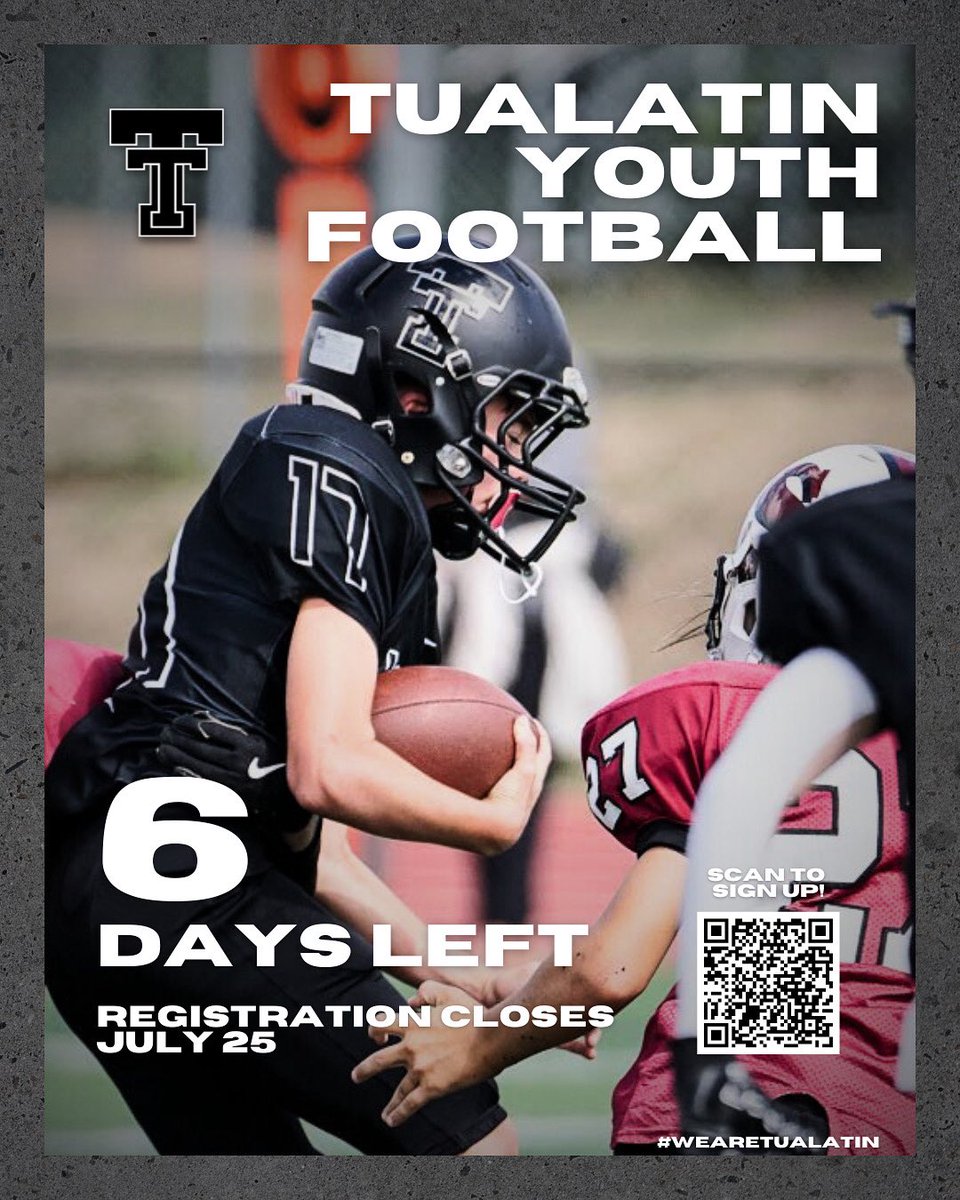 Have you signed up yet? Registration closes July 25!

Sign up at our website - tualatinyouthfootball.org

#WeAreTualatin