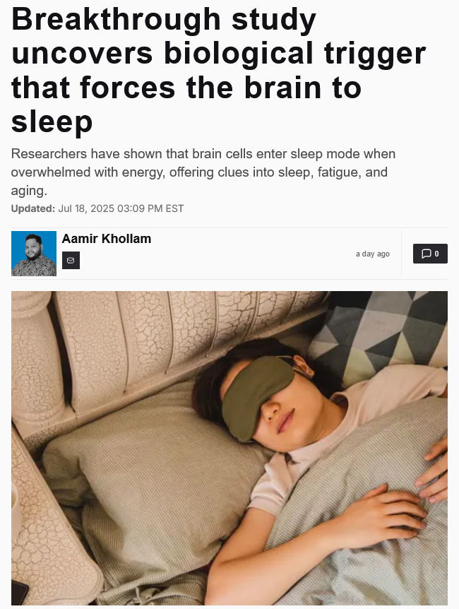 Dr_Singularity's tweet photo. Mystery of sleep solved

A groundbreaking study from the University of Oxford has uncovered a biological trigger for sleep: stress inside mitochondria (the energy producing structures within brain cells).

Researchers found that when mitochondria in specialized sleep regulating neurons become overloaded, they leak electrons, producing reactive oxygen species that can damage cells. This leakage acts as a signal to initiate sleep, allowing the brain to reset before damage accumulates.

Key findings:

1. Electron leak serves as an internal alarm system for sleep.

2. Sleep is triggered when stress in mitochondria crosses a threshold.

3. Scientists could control sleep in fruit flies by manipulating mitochondrial energy flow.

4. The system works even when powered by light instead of natural electrons.

This discovery may explain:

1. The link between sleep, metabolism, and aging.
2. Why small animals sleep more and live shorter lives.
3. Why people with mitochondrial disorders suffer extreme fatigue.

Research offers a major insight into why we sleep, connecting it directly to cellular energy metabolism.