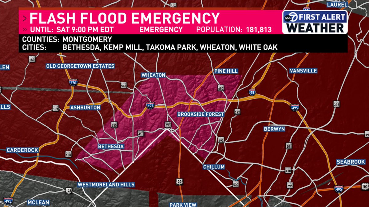 MarkPenaWX's tweet image. FLASH FLOOD EMERGENCY: Flooding and water rescues ongoing in areas along the Capital Beltway in Montgomery and Prince Georges counties.
4 to 5 inches of rain has fallen in this area and flooding is occurring.
TURN AROUND DON'T DROWN
@7NewsDC #dcwx