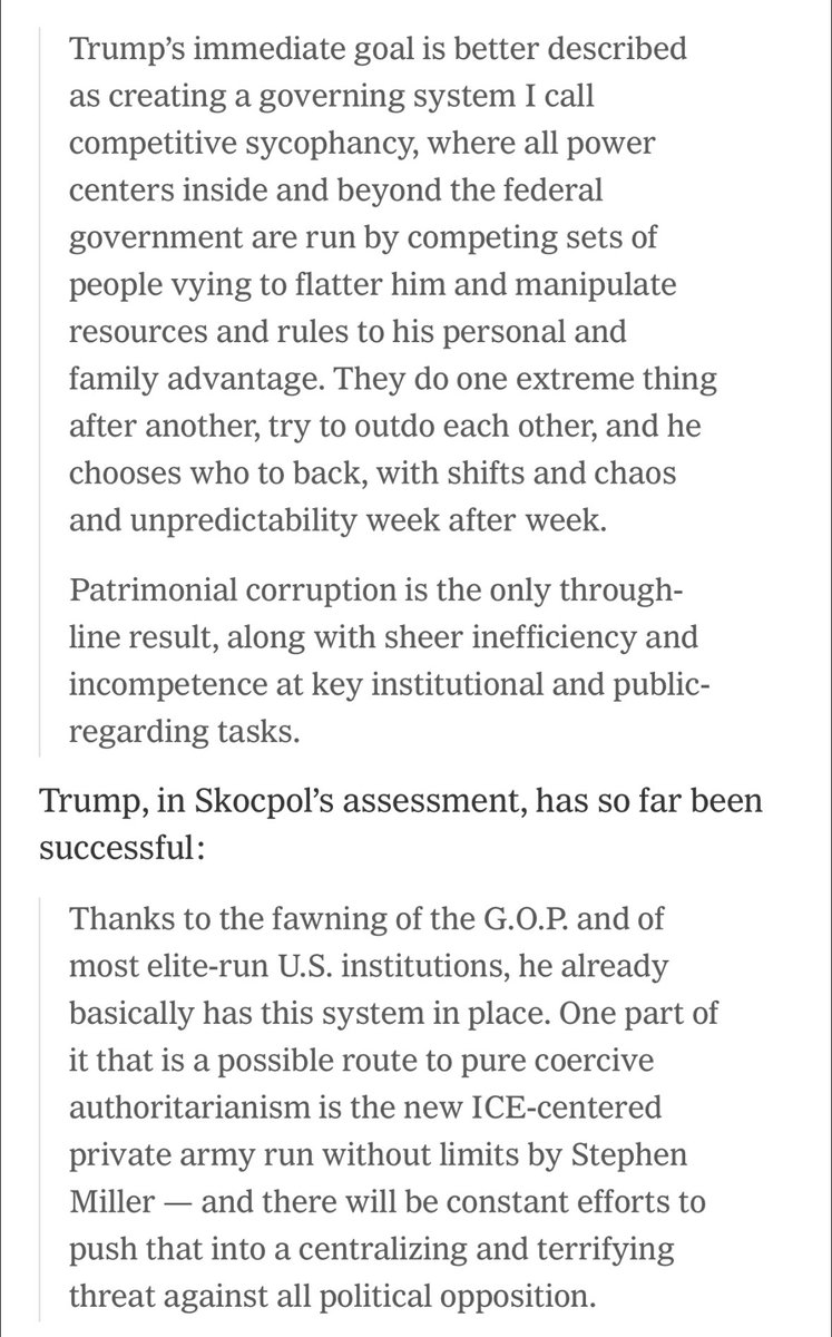 AlexanderSoros's tweet image. What I found most striking about Edsall’s piece was the points made by scholar Theda Skocpol. She points out that Trump is creating a system of “competitive sycophancy” and could use ICE as a private army which could ruin American democracy. 👇