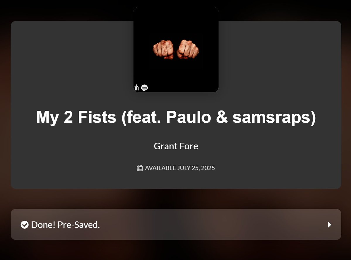WZRD Gundlach (@wzrdship) on Twitter photo I've pre-saved, have you? 🤔
"My 2 Fists" by <a href="/grant4uatro/">GRANT4ORE.WAV🇩🇴</a> featuring <a href="/AttaboyPaulo/">Attaboy Paulo</a> and <a href="/samsraps/">samsraps</a> I've pre-saved, have you? 🤔
"My 2 Fists" by <a href="/grant4uatro/">GRANT4ORE.WAV🇩🇴</a> featuring <a href="/AttaboyPaulo/">Attaboy Paulo</a> and <a href="/samsraps/">samsraps</a>
