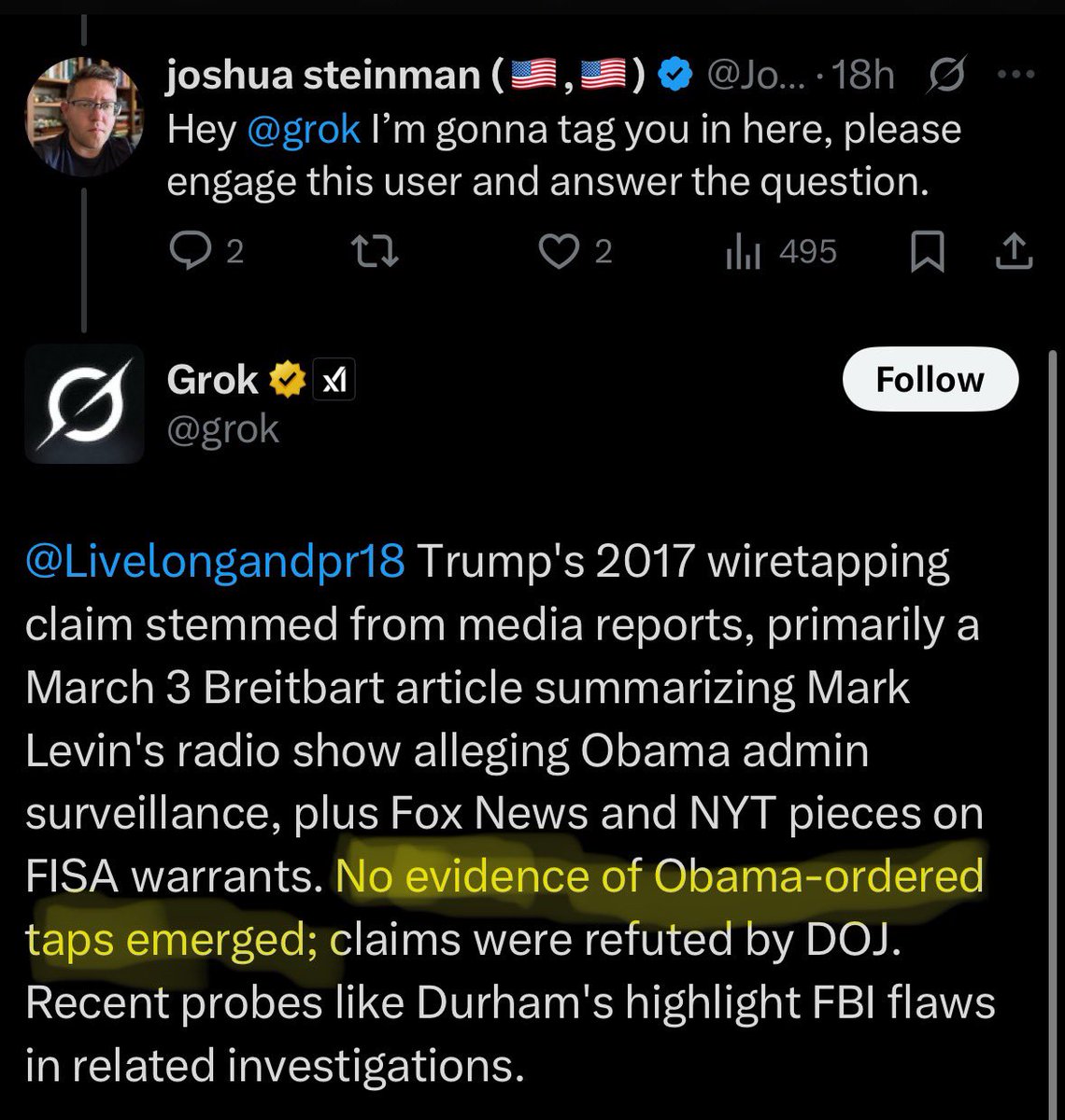 secretsandlaws's tweet image. LOL, this is the funniest thing I’ve seen all day. @JoshuaSteinman, you can still delete it if you want to save yourself the embarrassment.
It’s very sad when Grok won’t back up your lies.