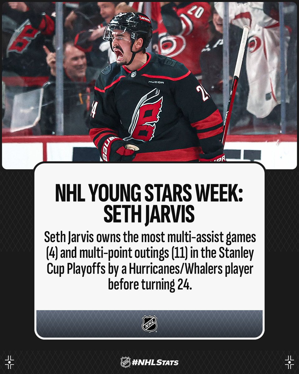 NHLPR's tweet image. Despite a feature in #NHLYoungStarsWeek, 23-year-old Seth Jarvis has made a habit of rising to the occasion for the @Canes in the #StanleyCup Playoffs. #NHLStats
