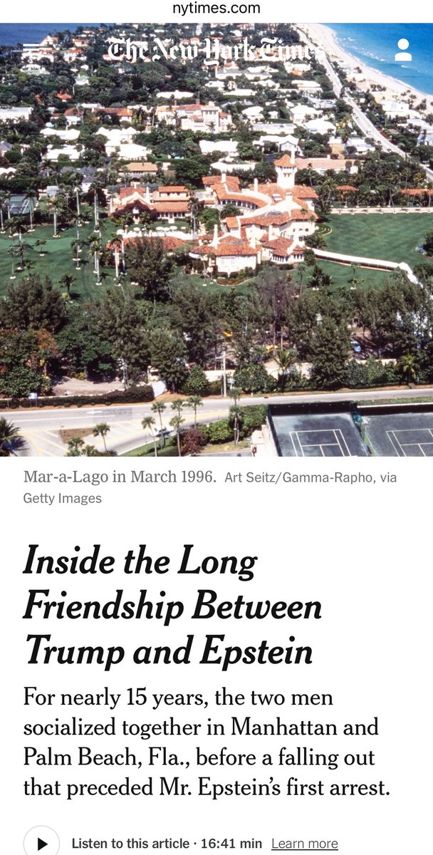 JohnLeFevre's tweet image. The NYT has just devoted ~2,500 words to recycling old news from 20 years ago.
Of course Trump rubbed shoulders with Epstein in the 90s. So did most of Palm Beach society.
But Trump banned him from Mar-a-Lago long before his arrest.
Where’s the NYT story about all the famous…