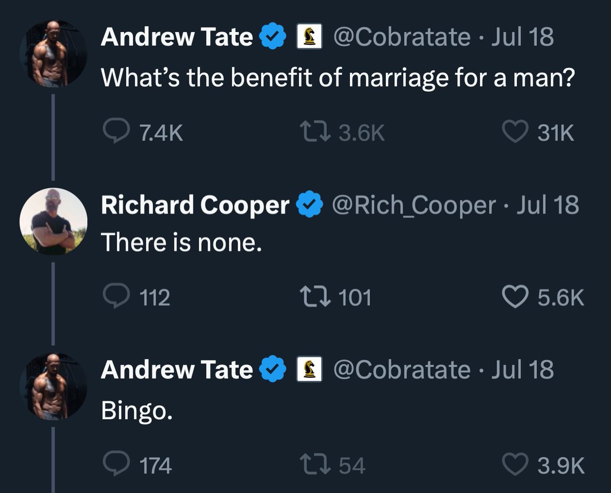 Acts17David's tweet image. TATE: "What's the benefit of marriage for a man?"
ANSWER: If you're a sex-trafficking serial rapist and a narcissist who can't get an erection without beating the crap out of women, probably NOTHING.
But if you're a man who isn't wallowing in mommy/daddy issues, EVERYTHING.