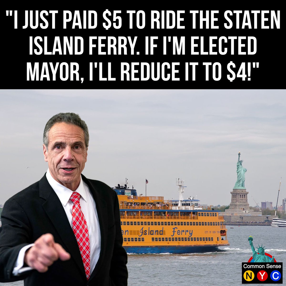 ComSenseNYC's tweet image. .@andrewcuomo was approached by a man who offered to sell him a Staten Island ferry ticket for $5. Cuomo was upset by this, and was confused why they didn’t even scan his ticket when he got on the ferry.
“If I’m elected mayor,” Cuomo promised to lower the price of a ticket to $4