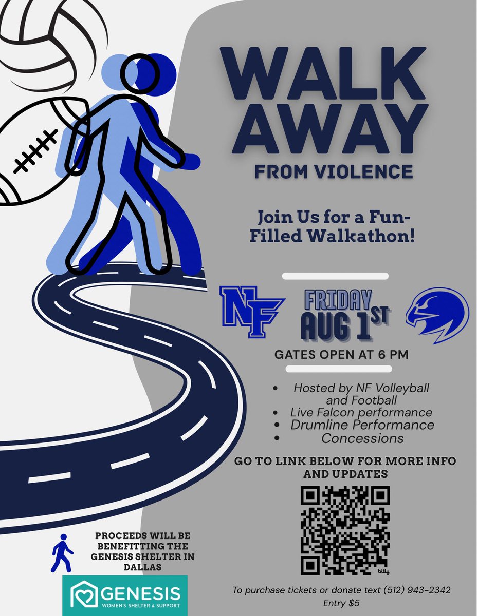 Lady Falcon Volleyball (@nfvolleyball126) on Twitter photo ๐ถโโ๏ธ๐๐
Join us Friday, Aug 1 at 6PM for Walkathon! hosted by NF Volleyball & Football ๐
๐ถ Drumline โข ๐ฆ
Live Falcon โข ๐ฟ Concessions
๐Proceeds benefit Genesis Womenโs Shelter in Dallas
๐๏ธ 5$Tix: Text 512-943-2342 or contact an NF athlete
๐ตDonations are welcome ๐ถโโ๏ธ๐๐
Join us Friday, Aug 1 at 6PM for Walkathon! hosted by NF Volleyball & Football ๐
๐ถ Drumline โข ๐ฆ
Live Falcon โข ๐ฟ Concessions
๐Proceeds benefit Genesis Womenโs Shelter in Dallas
๐๏ธ 5$Tix: Text 512-943-2342 or contact an NF athlete
๐ตDonations are welcome