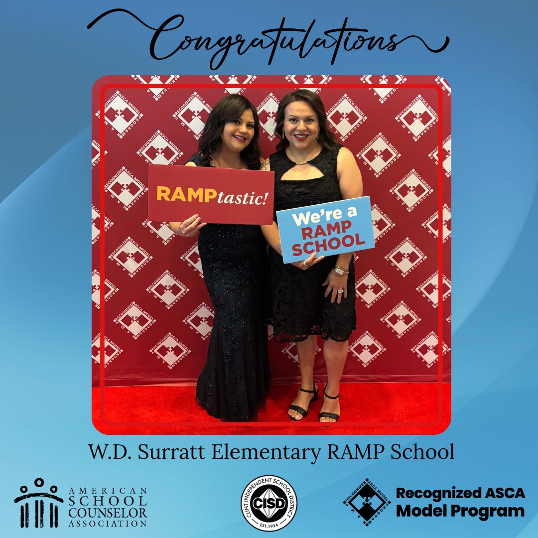 ✨ Congratulations! ✨

Perla Esparza &amp; Abril Ceniceros earned a Recognized ASCA Model Program Award for their school counseling program at W.D. Surratt Elementary. This is the first RAMP school in Clint ISD history. 

The RAMP award is a national recognition awarded by the