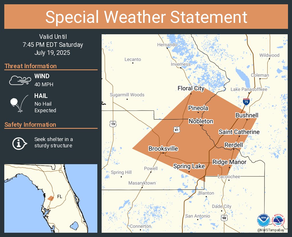 NWSTampaBay's tweet image. A special weather statement has been issued for Brooksville FL, Floral City FL and Ridge Manor FL until 7:45 PM EDT