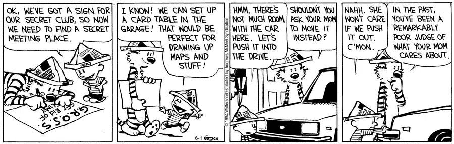 Calvinn_Hobbes's tweet image. The G.R.O.S.S. clubhouse plans hit a parking dilemma.
Spoiler: moms care. Especially about the car.
#CalvinandHobbes #GarageGoals