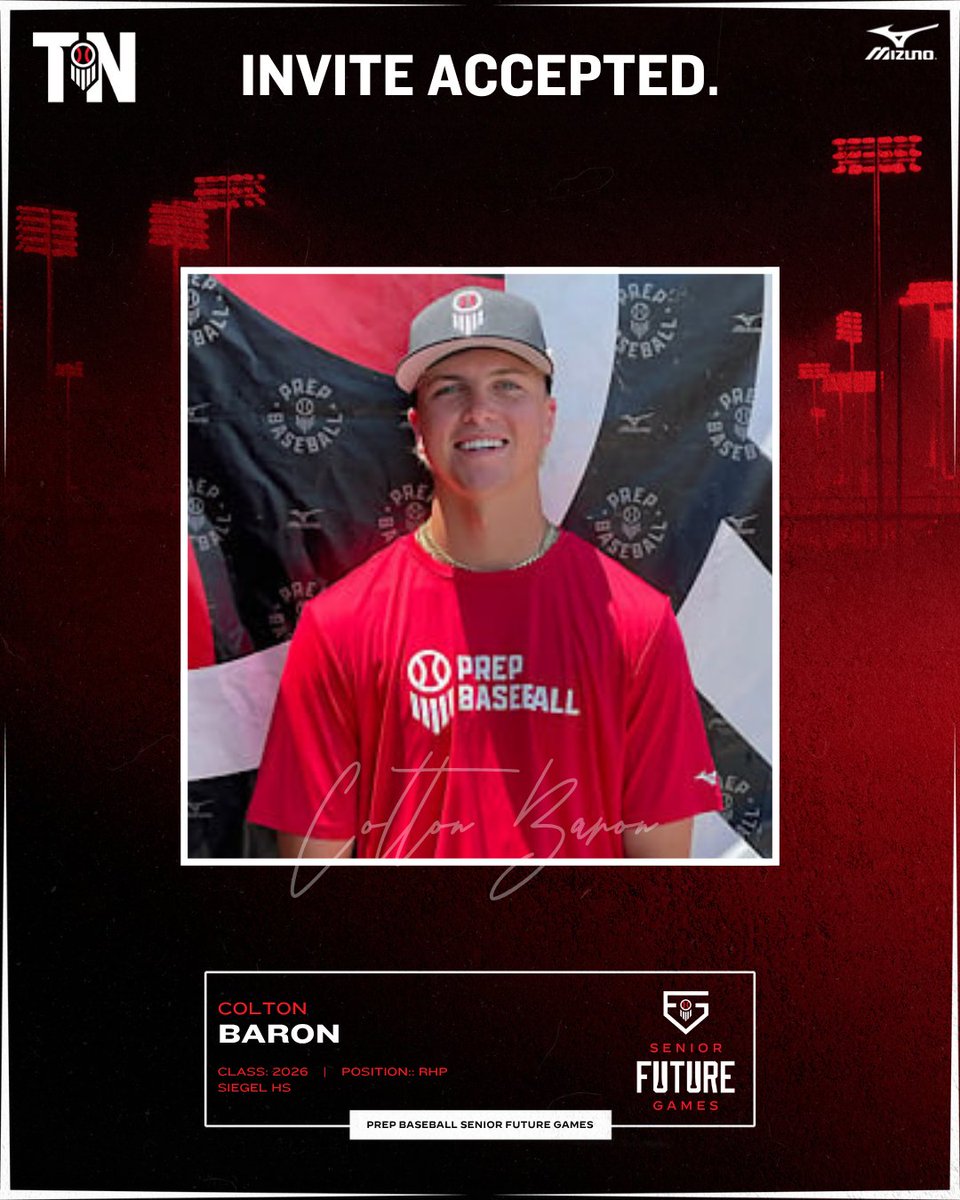 #𝗣𝗕𝗦𝗙𝗚𝟮𝟱: 𝗜𝗡𝗩𝗜𝗧𝗘 𝗔𝗖𝗖𝗘𝗣𝗧𝗘𝗗 👏

+ '26 RHP Colton Baron (<a href="/ColtonBaron27/">Colton Baron</a>; <a href="/SiegelBaseball_/">Siegel Stars Baseball</a>) is headed to LakePoint Sports to represent Tennessee at the 2025 Prep Baseball Senior Future Games.

👤: loom.ly/ugV-2co