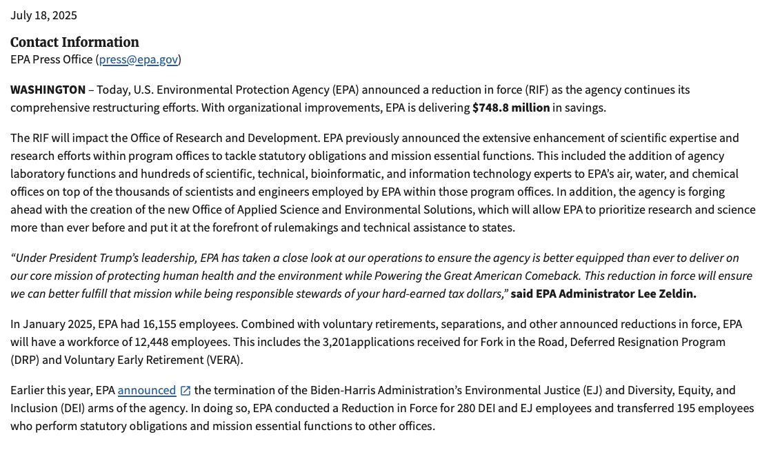 girlsreallyrule's tweet image. The Trump administration is cutting the Environmental Protection Agency (EPA) by at least 23% and closing its scientific research office.
Biden left the EPA with 16,155 workers-after layoffs and incentivized retirements it will have only 12,448. epa.gov/newsreleases/e…