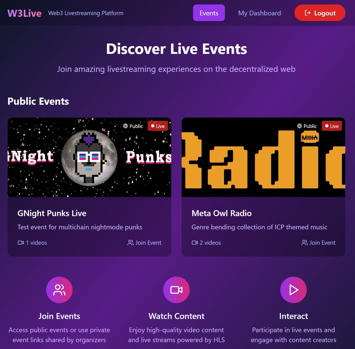 DeGenX (@icpdegenx) on Twitter photo W3Live - Livestreaming Event Platform
This is what I was building for the Caffeine AI hackathon in Cisco (San Fran 😊). 
Login and check it out... see what's going on and create your own live events. Drop an HLS live URL, HTTP MP4 URL and upload your own hero & placeholder W3Live - Livestreaming Event Platform
This is what I was building for the Caffeine AI hackathon in Cisco (San Fran 😊). 
Login and check it out... see what's going on and create your own live events. Drop an HLS live URL, HTTP MP4 URL and upload your own hero & placeholder