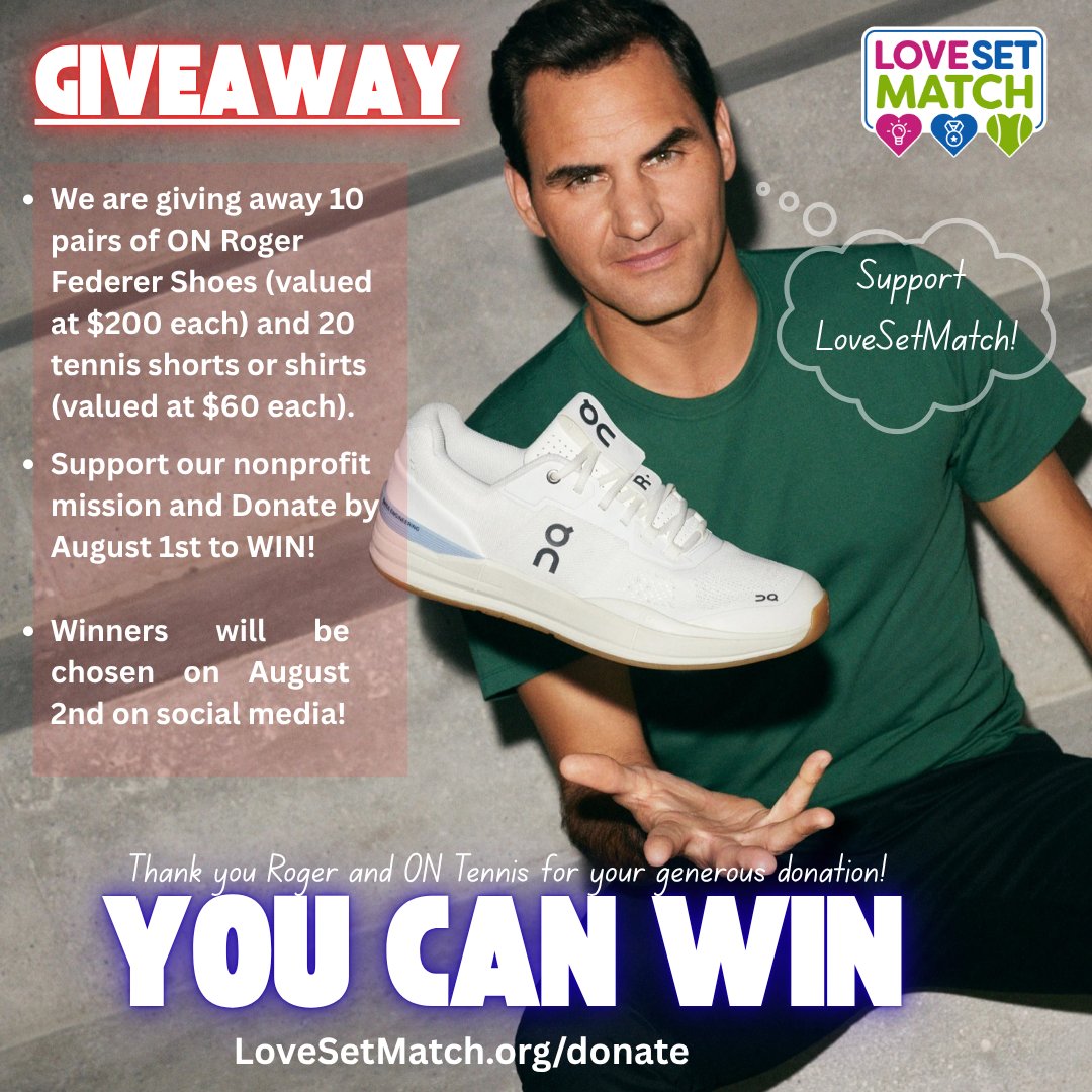 LoveSetMatch_'s tweet image. 🎉 GIVEAWAY TIME! 🎾
We’re excited to announce a special giveaway thanks to Roger Federer and ON Tennis! 🙌
We're giving away:
👟 10 pairs of ON Roger Federer Shoes (valued at $200 each)
👕 20 tennis shirts or shorts (valued at $60 each)