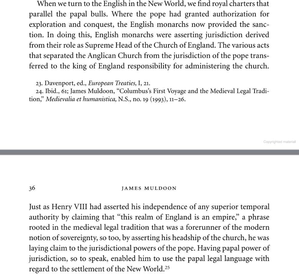 avgvstissimvs's tweet image. The king’s usurpation of papal dominium mundi in the Reformation served as the legal basis for English colonization of America. If the pope could authorize Iberian colonization via the Donation Bulls, then so too could the king via royal charters.