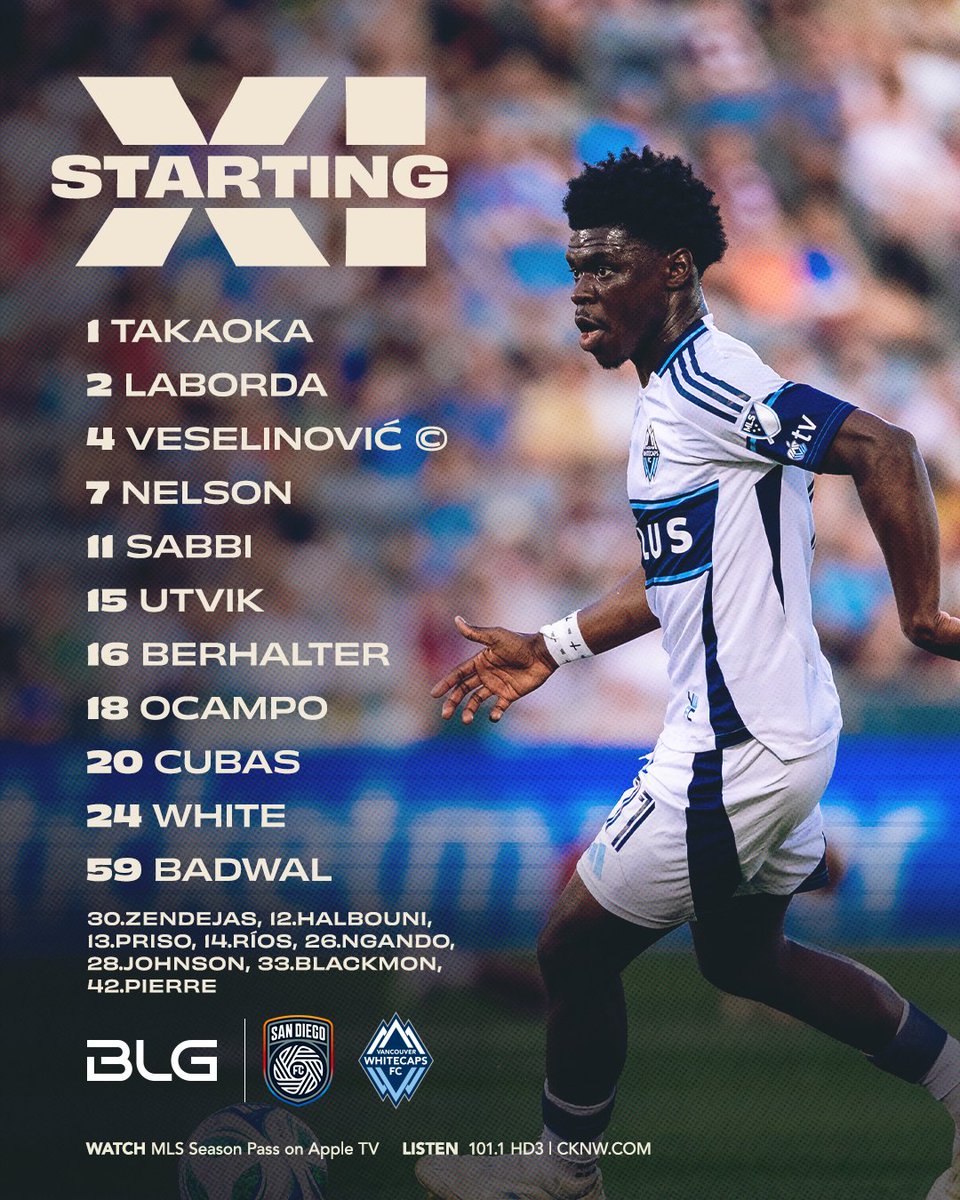 WhitecapsFC's tweet photo. Our 𝙎𝙏𝘼𝙍𝙏𝙄𝙉𝙂 𝙓𝙄 vs @sandiegofc 🌊

Kickoff is set for 7:40pm PT on #MLSSeasonPass on @AppleTV or listen at 101.1 HD3 &amp; @CKNW 📺  https://t.co/nkL80ZJDhX  

#VWFC x BLG https://t.co/MXELQPhkCg