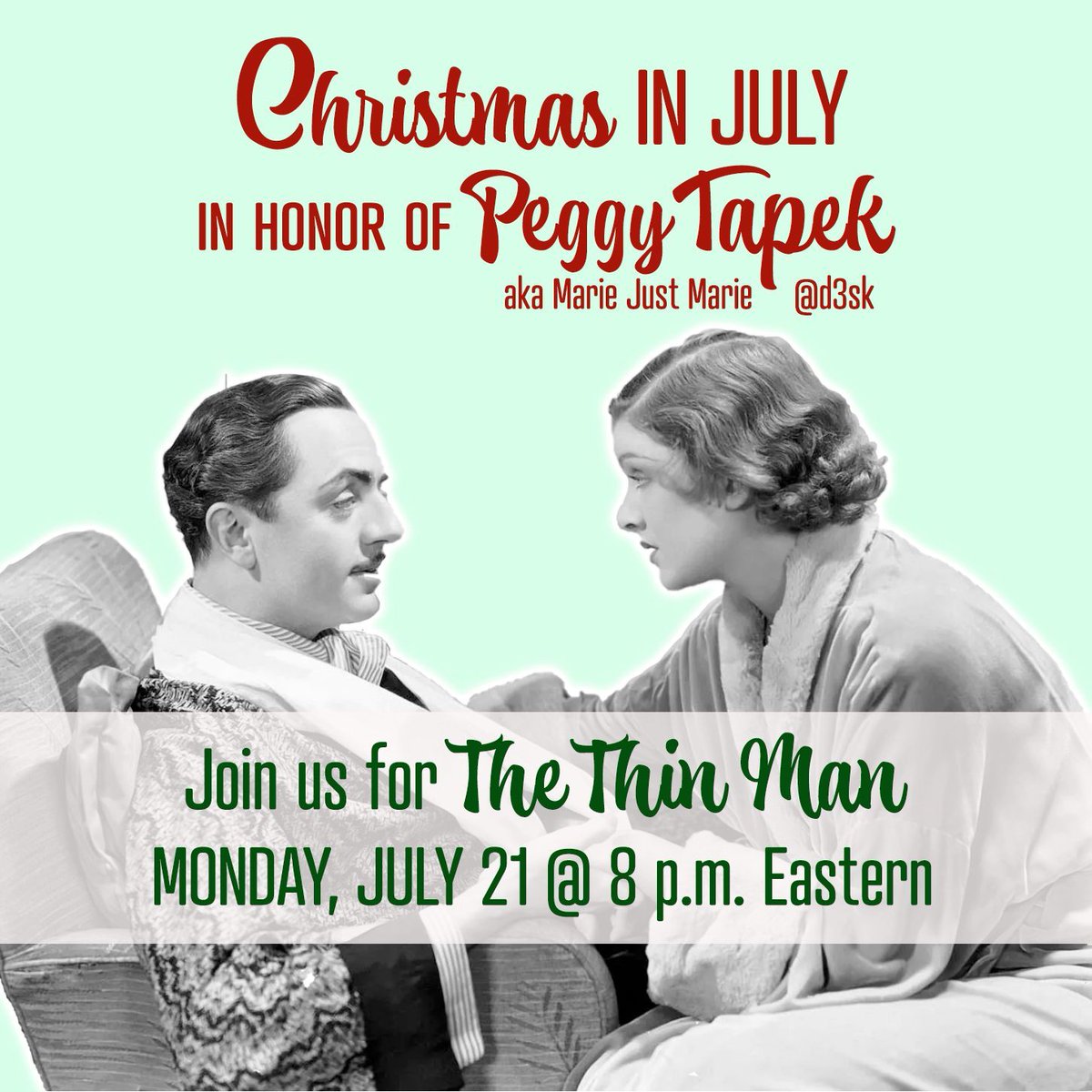 TCM_Party's tweet image. Our tribute to the late beloved Peggy Tapek aka @d3sk &quot;Marie just Marie&quot; is this Monday 7/21 at 8p Eastern. One of Peggy&apos;s absolute favorites, THE THIN MAN is readily available on the internet, search or message us &amp;amp; I&apos;ll get you the link. You don&apos;t need to watch to share your…
