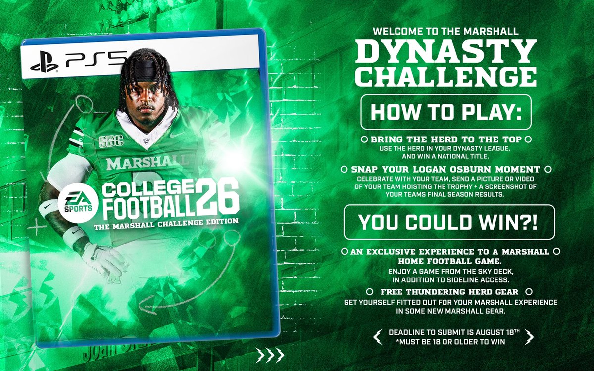 HerdZone's tweet image. Itโs time to build your @HerdFB Dynasty! ๐ฎ๐
Win it all with the Herd on EA Sports College Football 26 and get entered to win some exclusive prizes!
#WeAreMarshall
