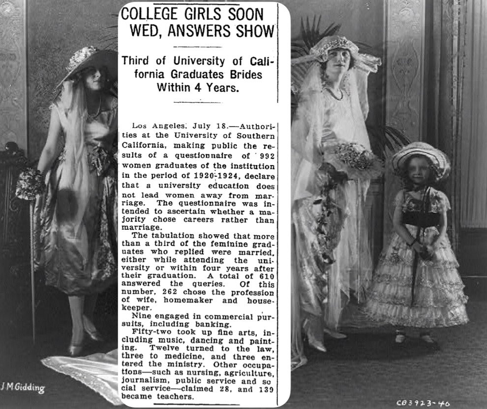 petulad's tweet image. July 19, 1925 — Don’t worry, folks! A USC study done #100yearsagotoday showed that a college education didn’t steer women away from marriage! #retropolis