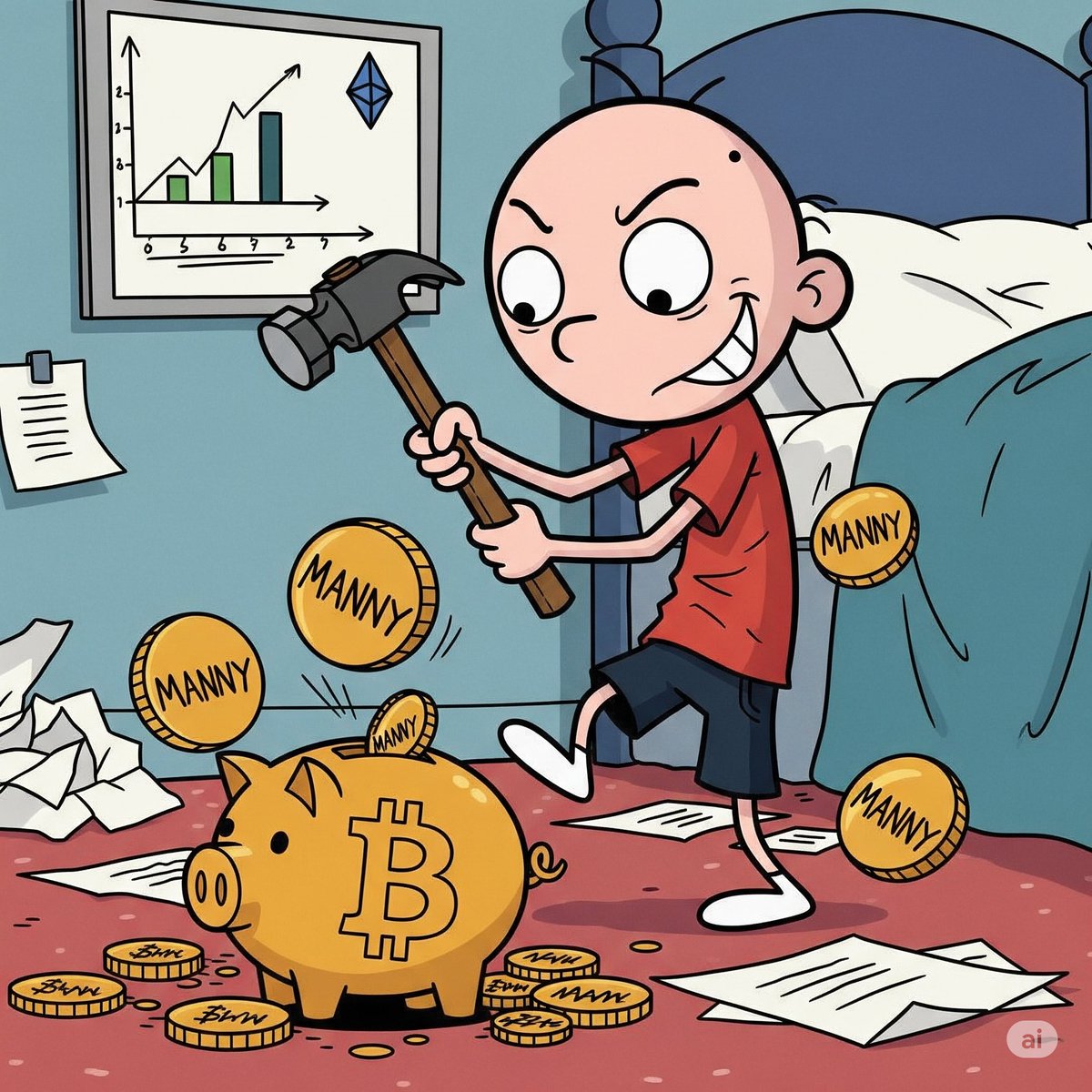 Manny’s crypto hustle is NEXT LEVEL! He just ‘borrowed’ Greg’s piggy bank to mine #MANNY. Think he’ll share the profits?  Reply with your best Manny scam! #MemeCoin #CryptoChaos