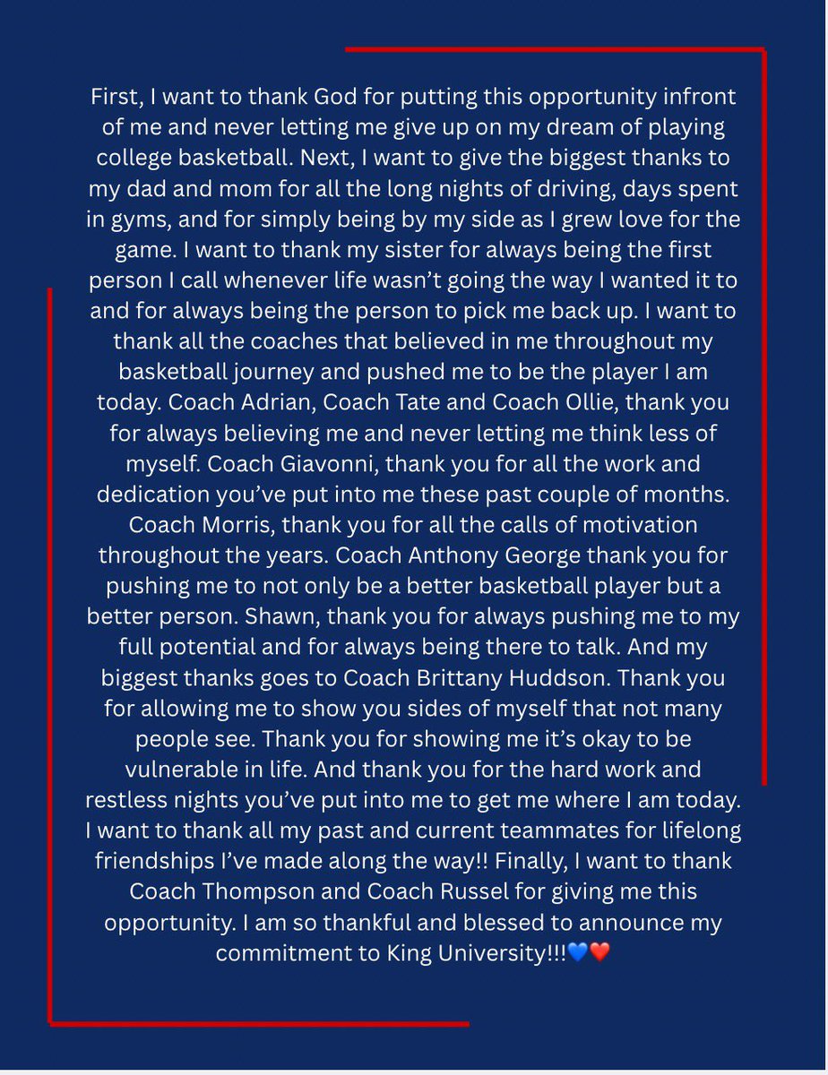 #Committed ❤️💙 <a href="/KINGU_wbb/">King Univ. Women's Basketball</a> <a href="/coacht2312/">Joshua Thompson</a> <a href="/Assist_U_/">AssistU Recruiting</a> <a href="/MRHS_WBBALL/">Marvin Ridge</a>