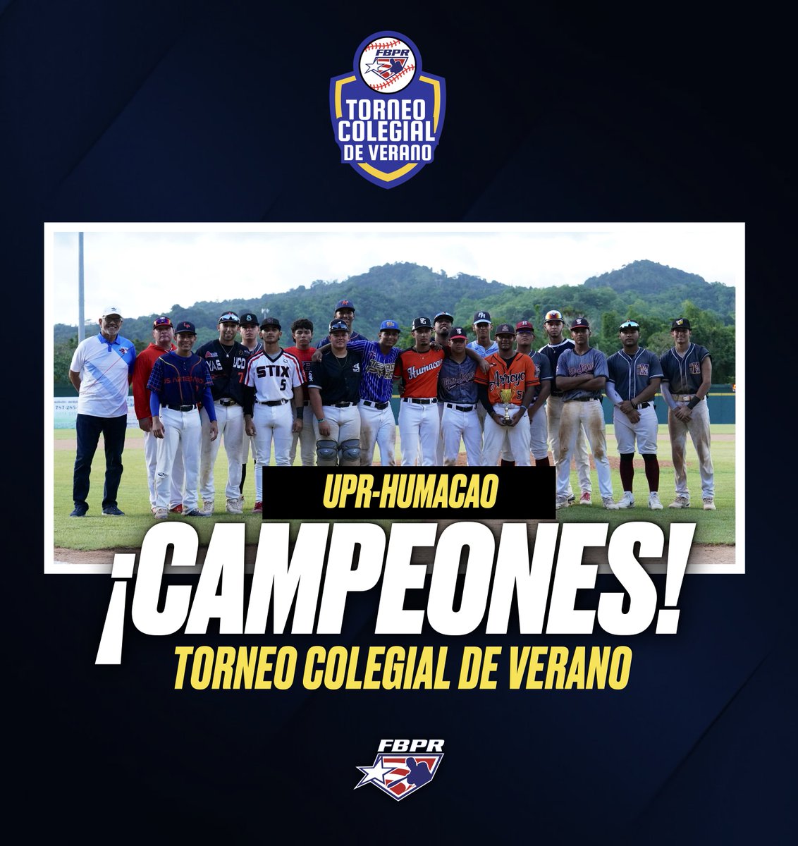 BeisbolPR's tweet image. ¡UPR-Humacao es el campeón! 🏆⚾️🇵🇷

El equipo UPR-Humacao se corona campeón de la primera temporada del Torneo Colegial de Verano de la Federación de Béisbol de Puerto Rico con victoria 10-7 sobre Las Piedras.

#FBPR