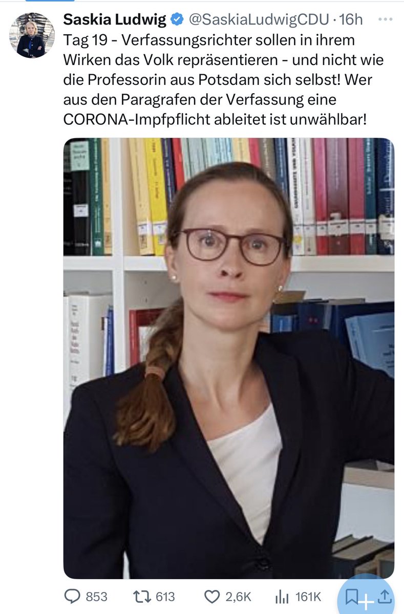 Verfassungsrichter:innen sind - wie alle Richter:innen - dem Recht verpflichtet, nicht dem “Volk”. Die Trumpisierung der CDU schreitet voran. Nun liegt es an der rechtsstaatlich-demokratischen Mehrheit in der Partei, sich dem zu widersetzen und den Trumpismus in D  zu verhindern.