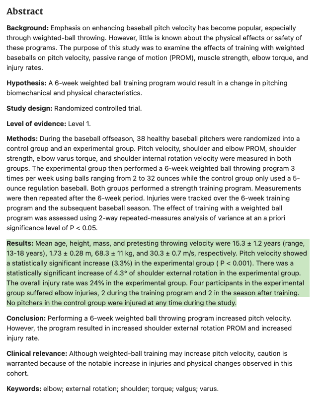 🚨 Weighted Balls Cause Injury...

I get asked about this paper a few times a year.

My response: Was it the weighted ball or the program design? 🧐

📌Im just not sure of many programs that would logically program 2-32 oz pull downs 3 times a week for maturing 13-15 yr olds...