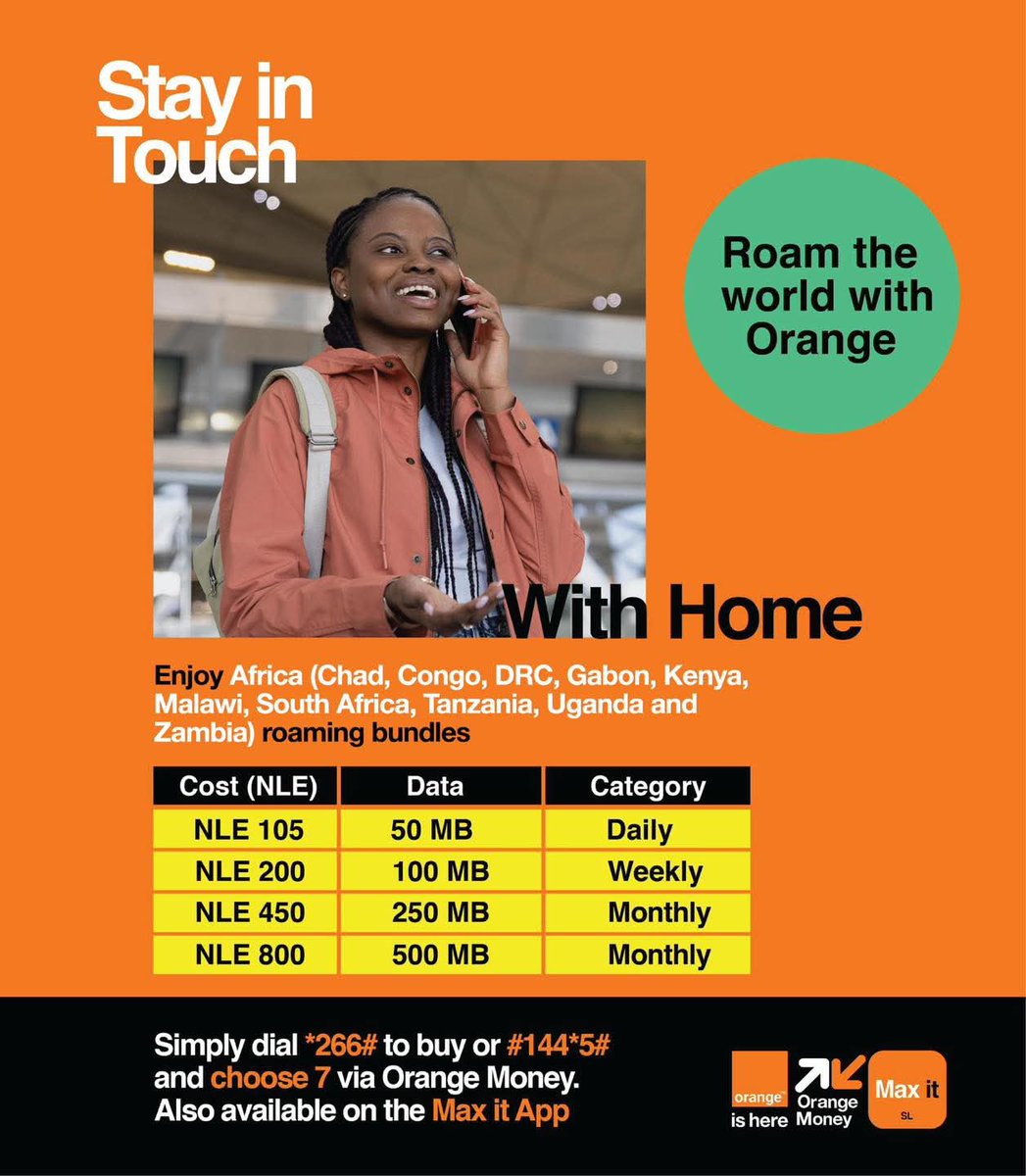 PeterKobba9's tweet image. Stay in Touch With Home
Enjoy roaming throughout Africa with daily, weekly, and monthly bundles.
Simply dial *266# to buy or #144*5# and choose 7 via Orange Money.
Also available on the Max it App.
Click the link to download Max it:
myqrcode.mobi/qr/b2c14535/vi…
#orangesl #Orange