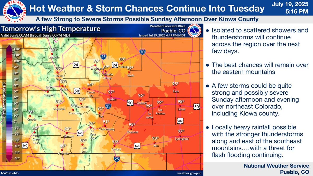 Hot weather and a daily chance for showers and thunderstorms will continue across the region into the new week. A few of these storms could become quite strong and possibly severe again Sunday afternoon over Kiowa county. Flash flood threat continues with stronger storms. #cowx