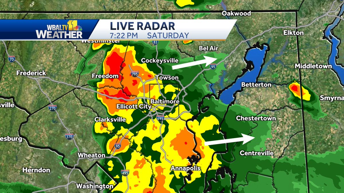 TonyPannWBAL's tweet image. Radar Update (7:20 PM): Moderate to Heavy rain is moving across much of the Baltimore Metro this evening. Flooding is possible in some areas and driving will be slow for the next few hours.